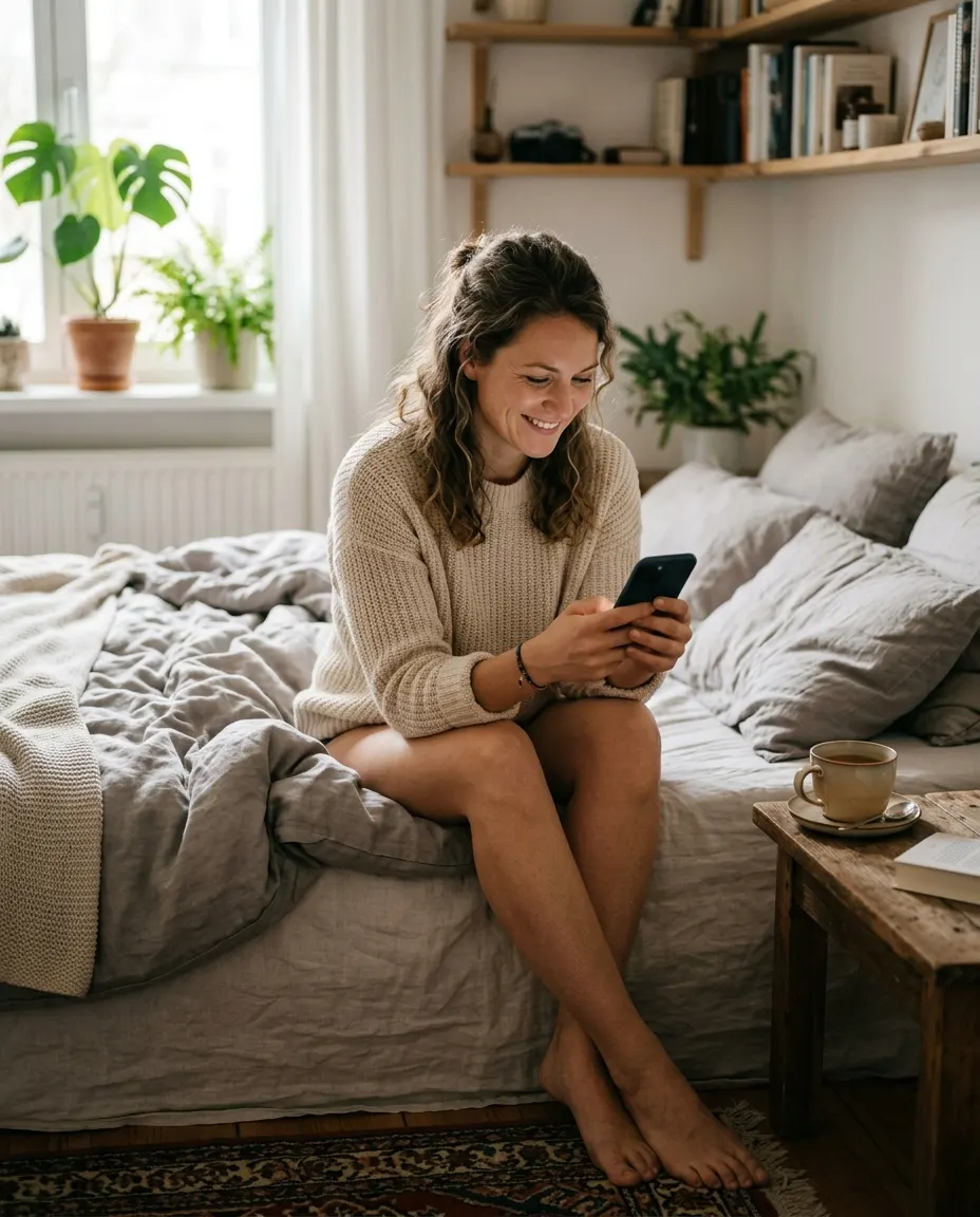 Woman doing the daily check-in on her phone in the morning