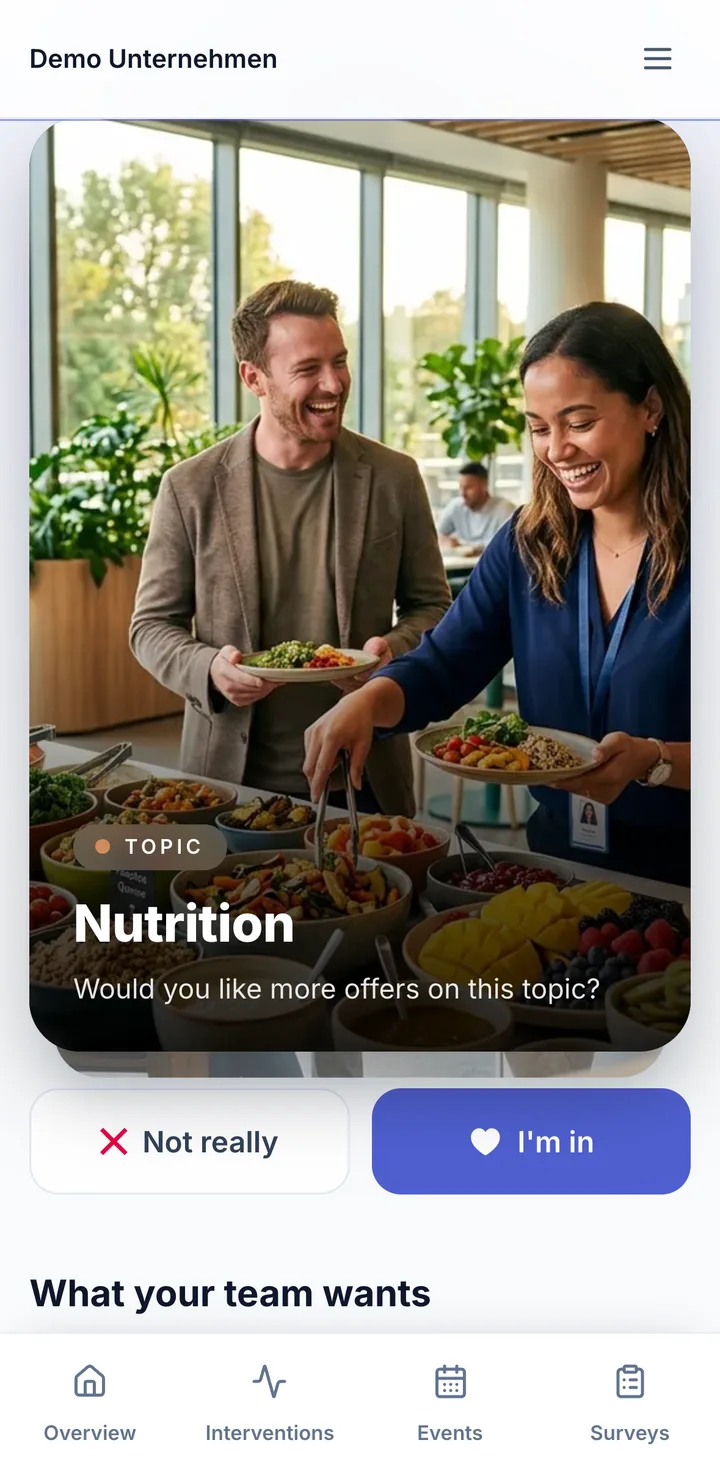 Screen in the employee portal: Swipe-to-vote wish check