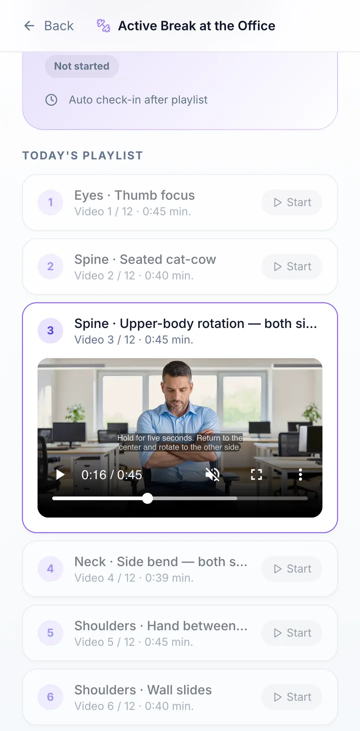 Screen in the employee portal: Active break by video